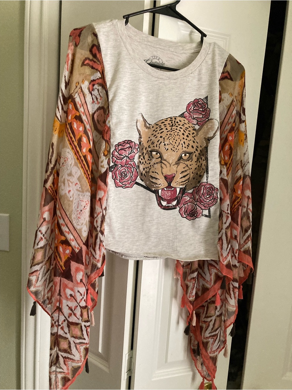 Girls' Leopard & Rose Graphic Top with Patterned Kimono Sleeves - White/Coral